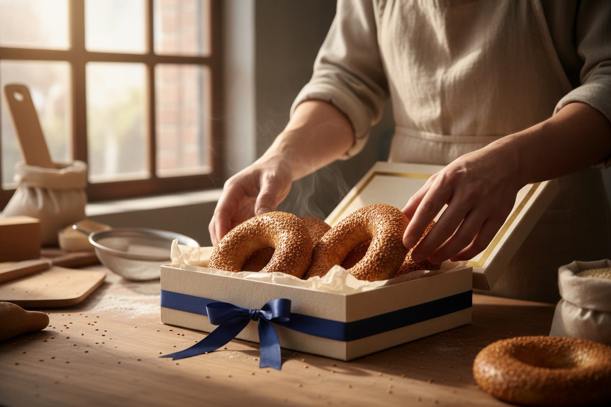 Atölyede simit hamurunu susama bulayan usta elleri, un tozları havada