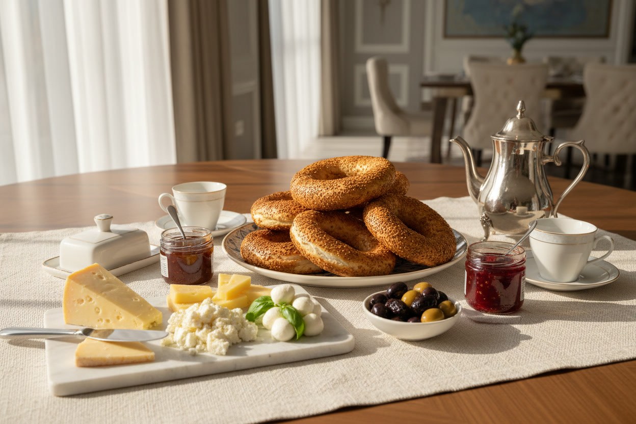 Kahvaltı hediye kutusu — simit, peynir, zeytin ve reçel bölmeli ahşap tepsi